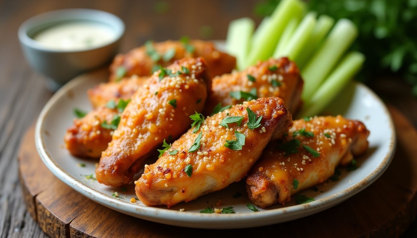 Delicious Garlic Parmesan Chicken Wings on a rustic plate.