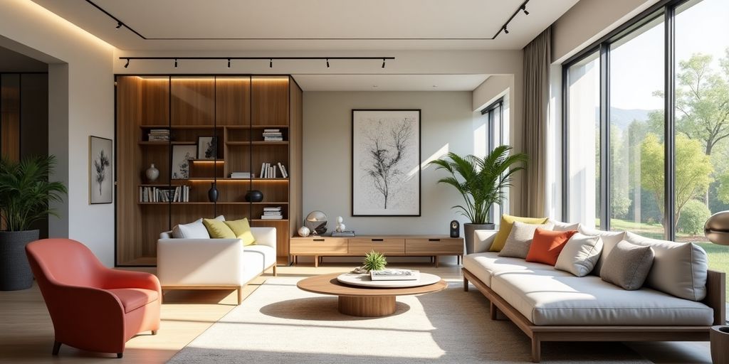 Modern home interior with smart furniture and vibrant decor.