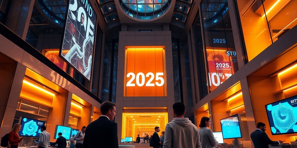 Modern bank interior with digital blockchain technology elements.