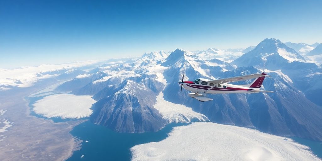 An aerial view of a plane flying over Alaskan mountains.