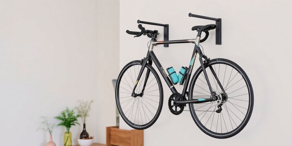 Wall-mounted bike storage rack with a road bike.