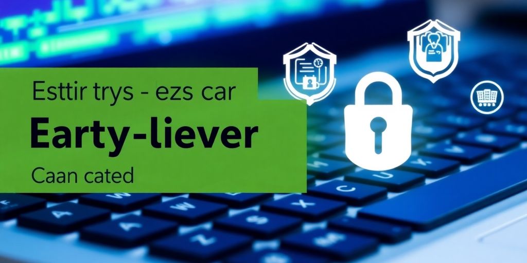 Computer keyboard with security icons and technology elements.