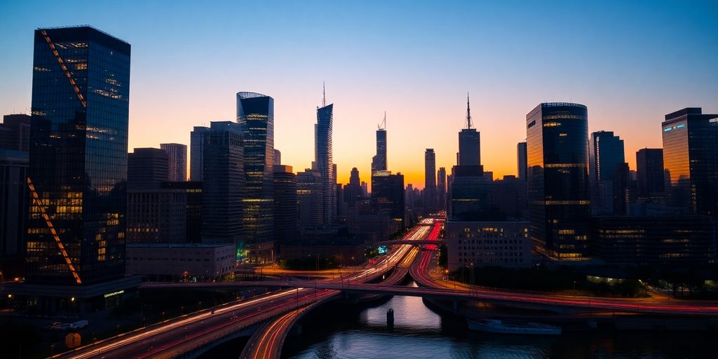 City skyline at dusk with glowing windows and reflections.