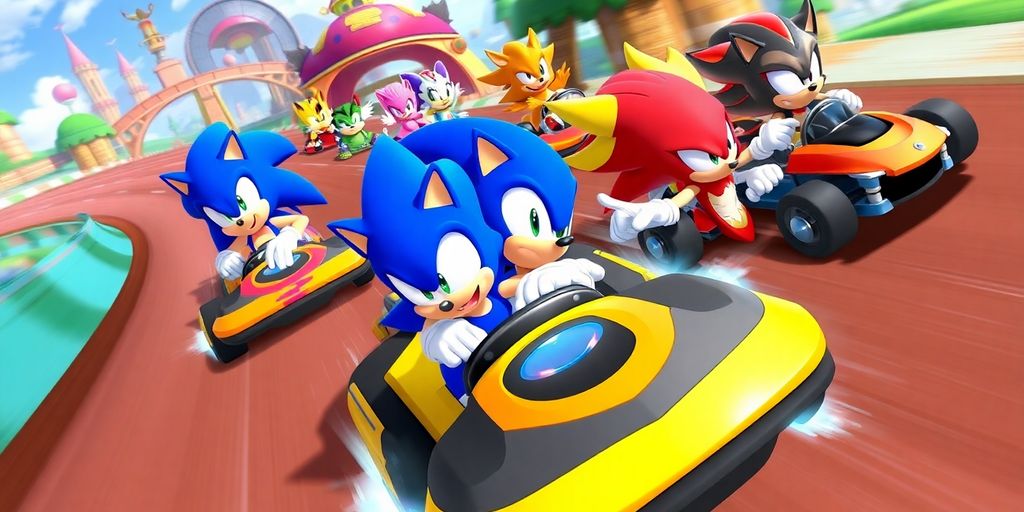 Sonic Racing CrossWorlds characters racing colorful vehicles.