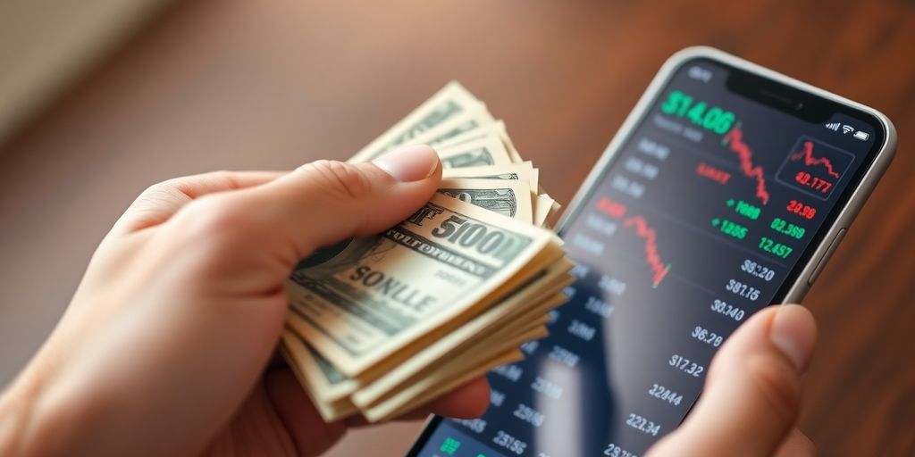Hand holding cash near a smartphone with stock data.