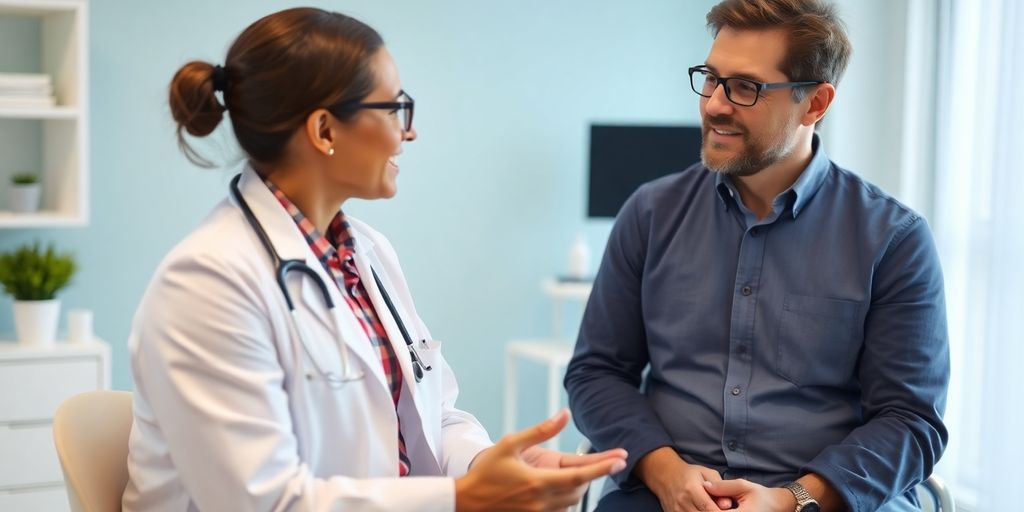 Patient und Arzt in einer modernen Arztpraxis sprechen über Lymphome.