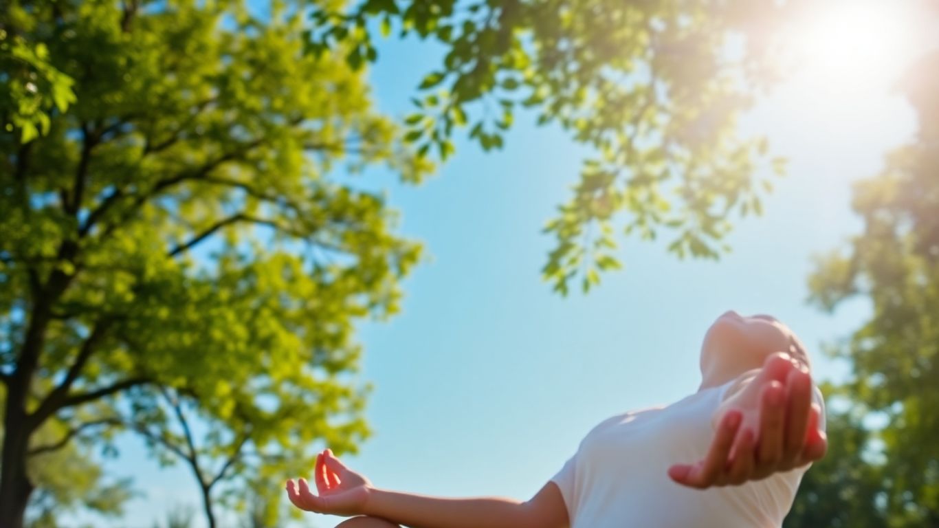 Person meditating peacefully outdoors in sunlight.