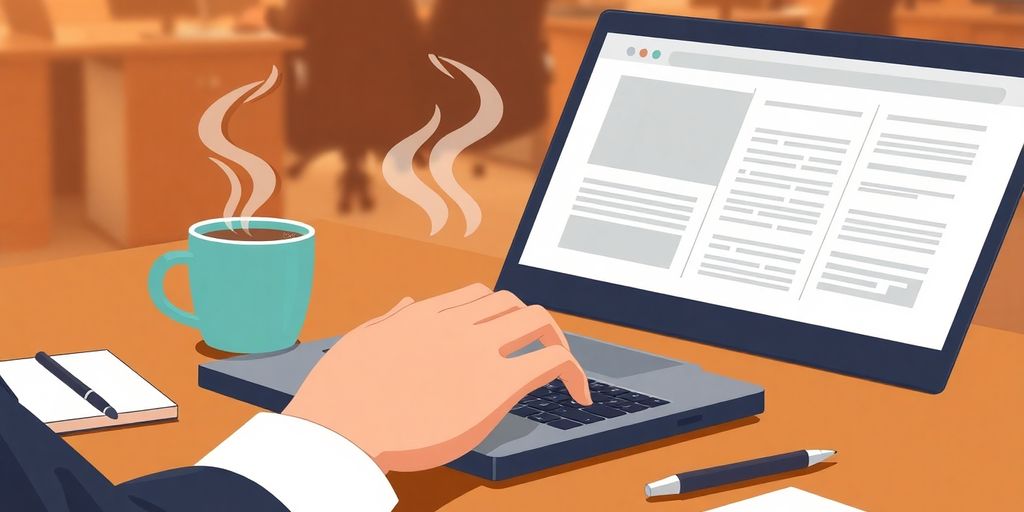 Laptop, coffee cup, notepad with illustrative design.