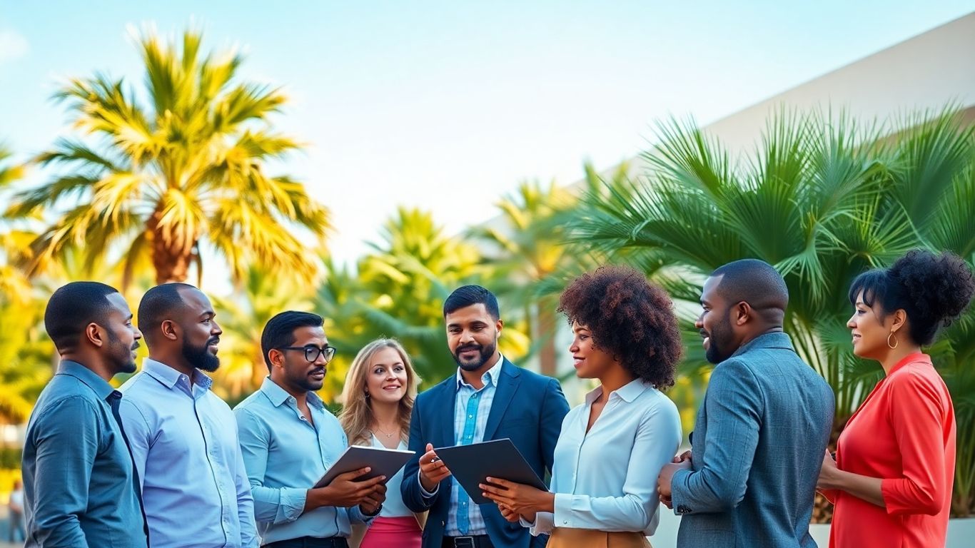 Diverse professionals discussing pricing strategies near palm trees