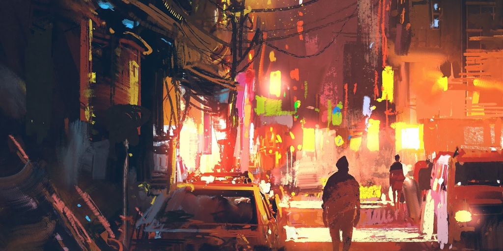 futuristic technology concept with robots and humans discussing, cityscape background, ethical debate illustration