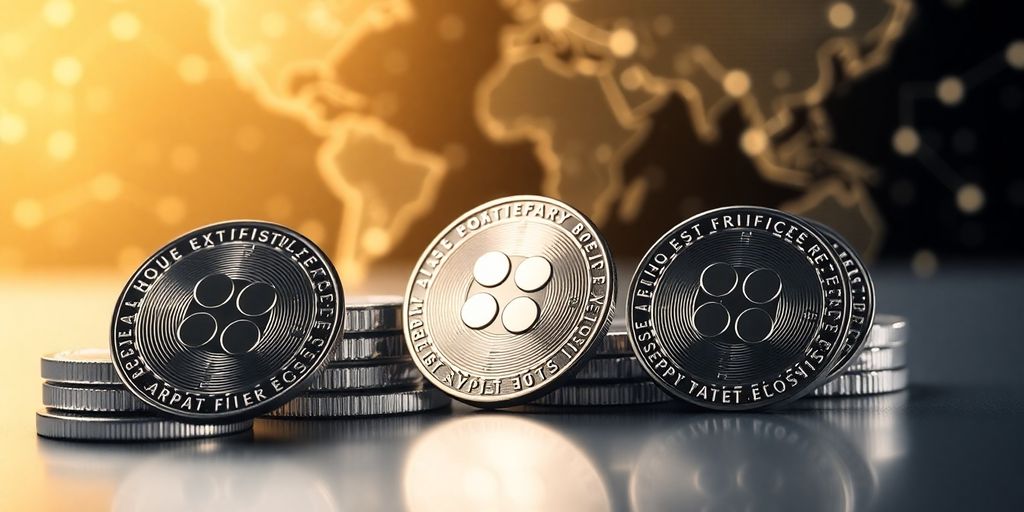 Digital coins with Ripple logo, global financial network behind.