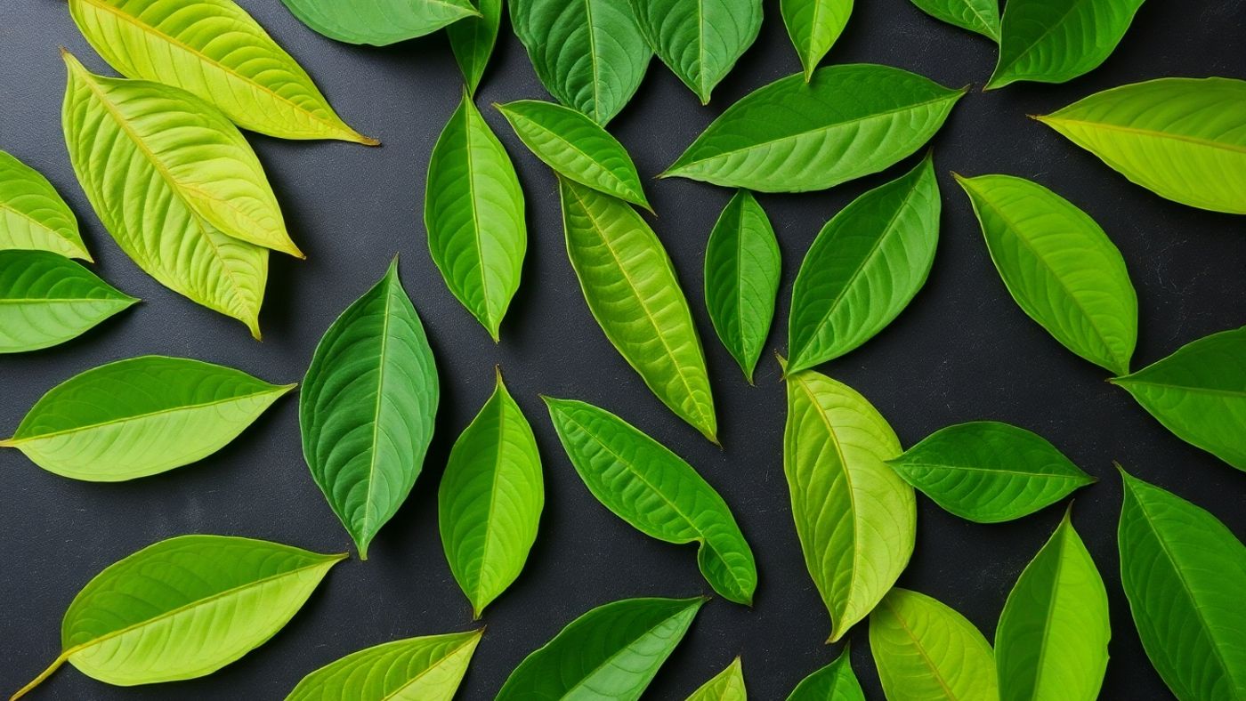 Vibrant kratom leaves on a dark surface.