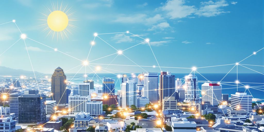 San Diego skyline with vibrant network lines.
