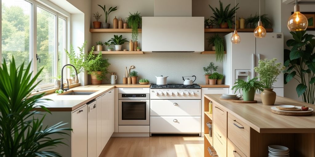 Eco-friendly remodeled kitchen with natural light and plants.