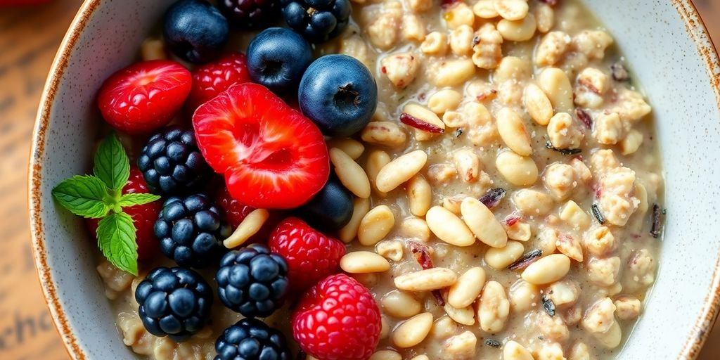 Bowl of steel cut oats with berries and nuts.
