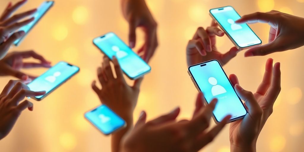 Close-up of hands interacting with glowing app interfaces.