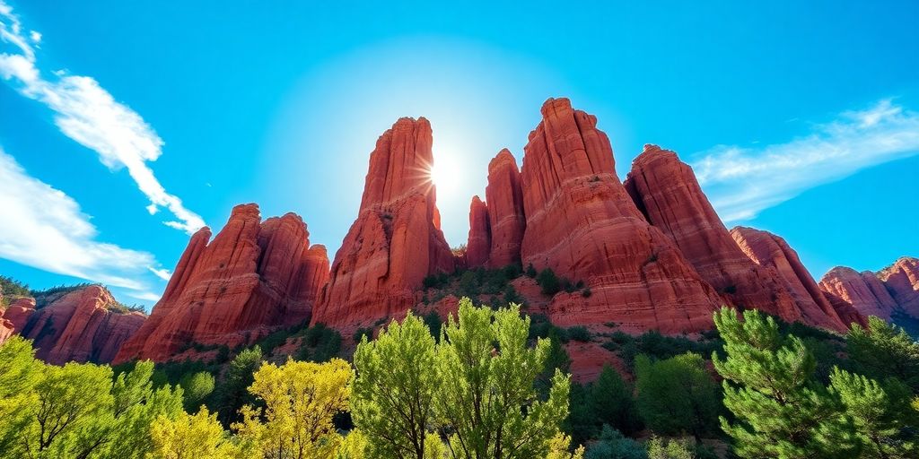 Garden of the Gods, vibrant red rock formations, clear blue sky
