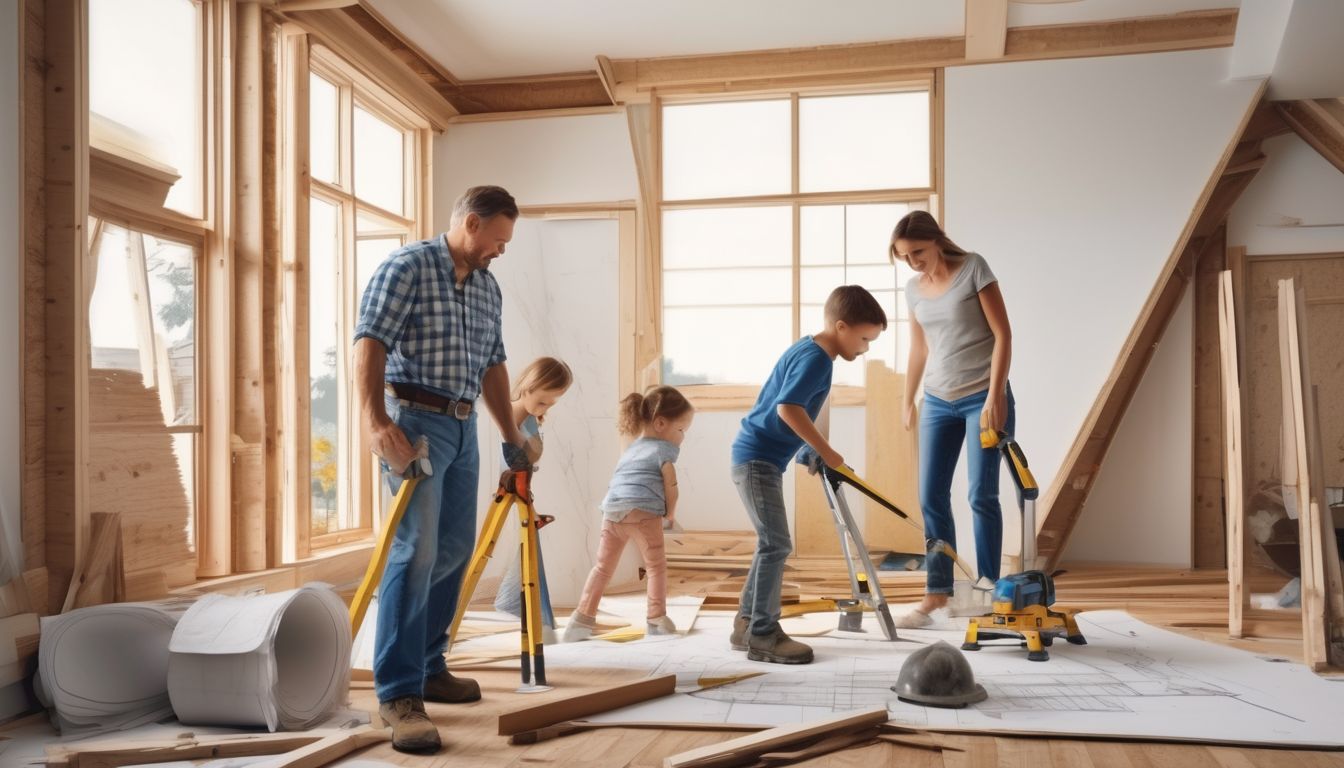 family renovating home with blueprints and construction tools