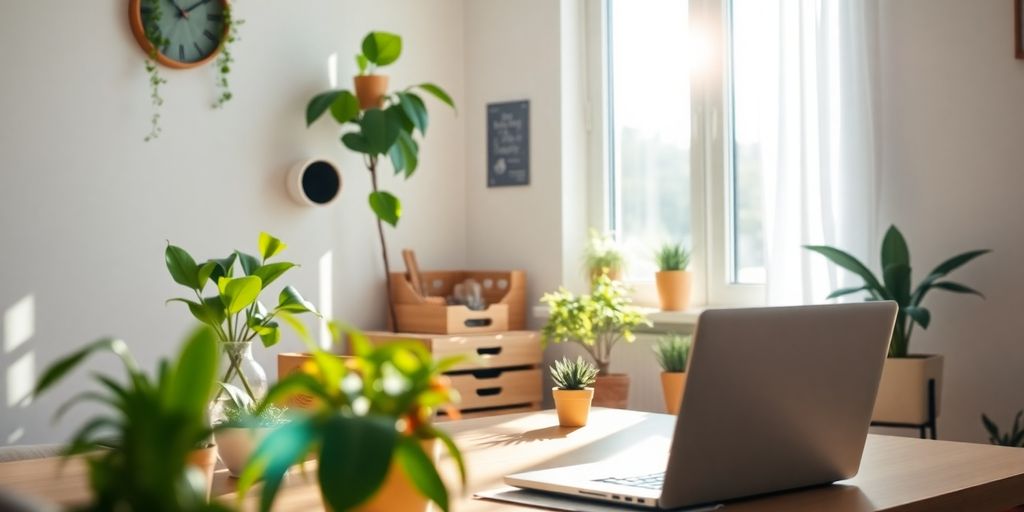 Cozy home office setup with laptop and plants.