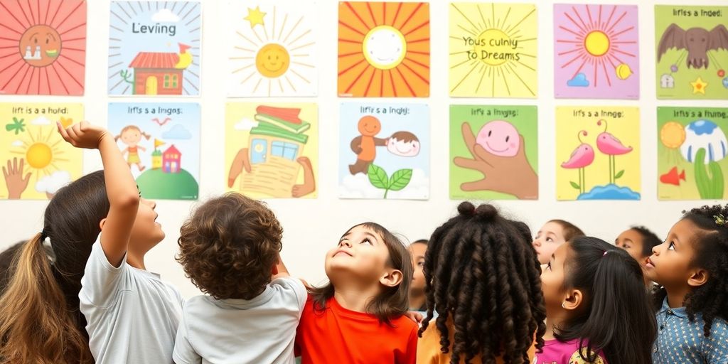 Children look up at vibrant motivational posters.