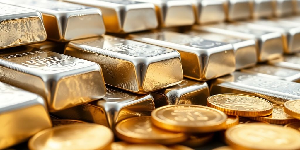 Lingots d'argent et pièces d'or scintillantes.