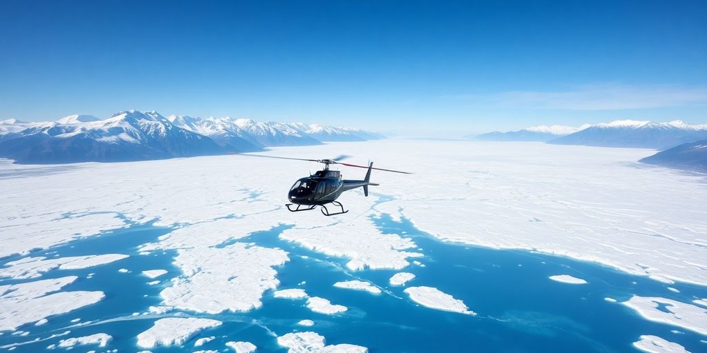 A helicopter flying over a vast Alaskan glacier and mountains.
