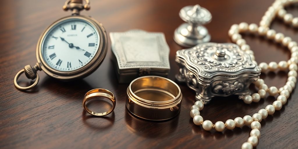 Objets variés sur une table en bois, lumière chaude.