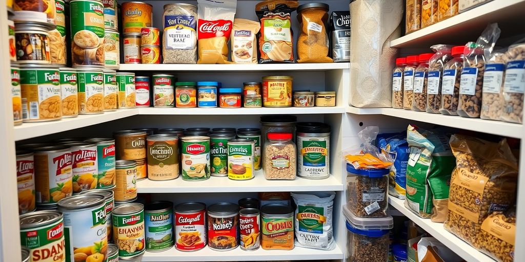 Organized pantry with emergency food supplies for preparedness.