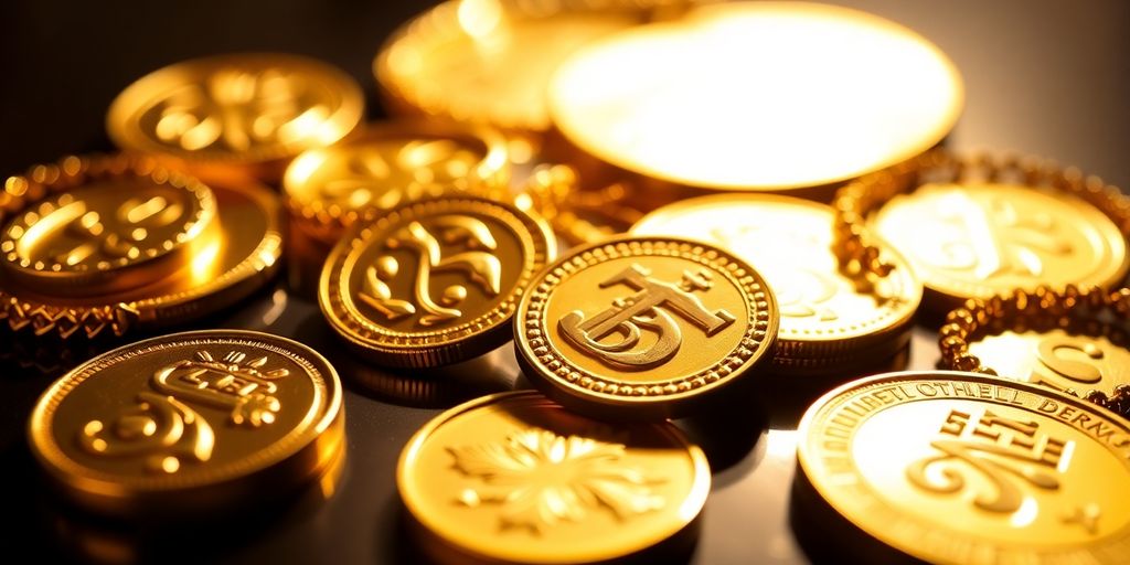 Pièces d'or et bijoux sur une surface brillante.