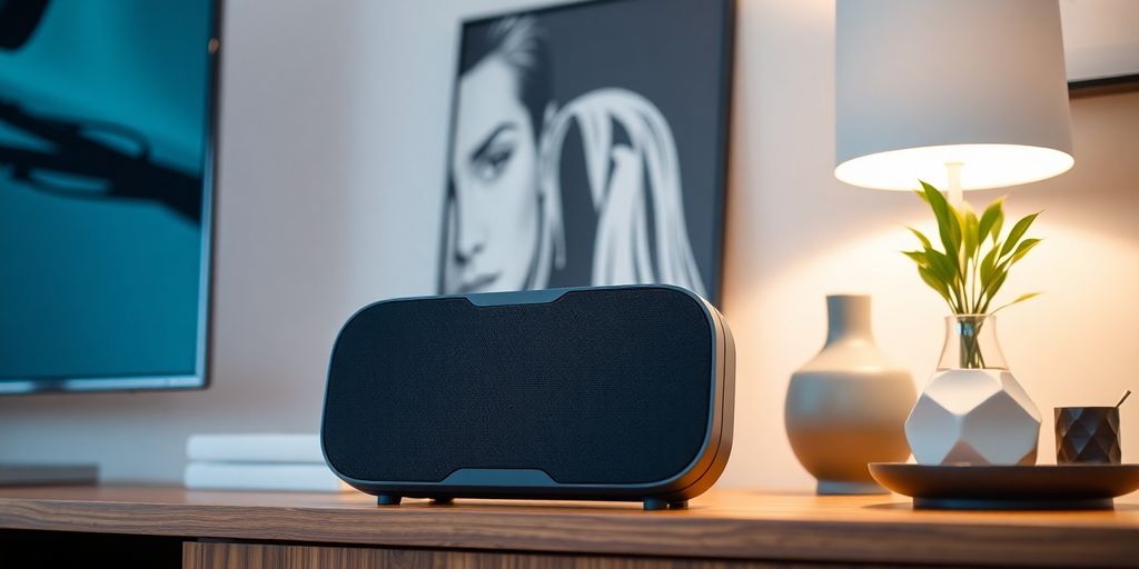 Modern Bluetooth speaker in a stylish living room.