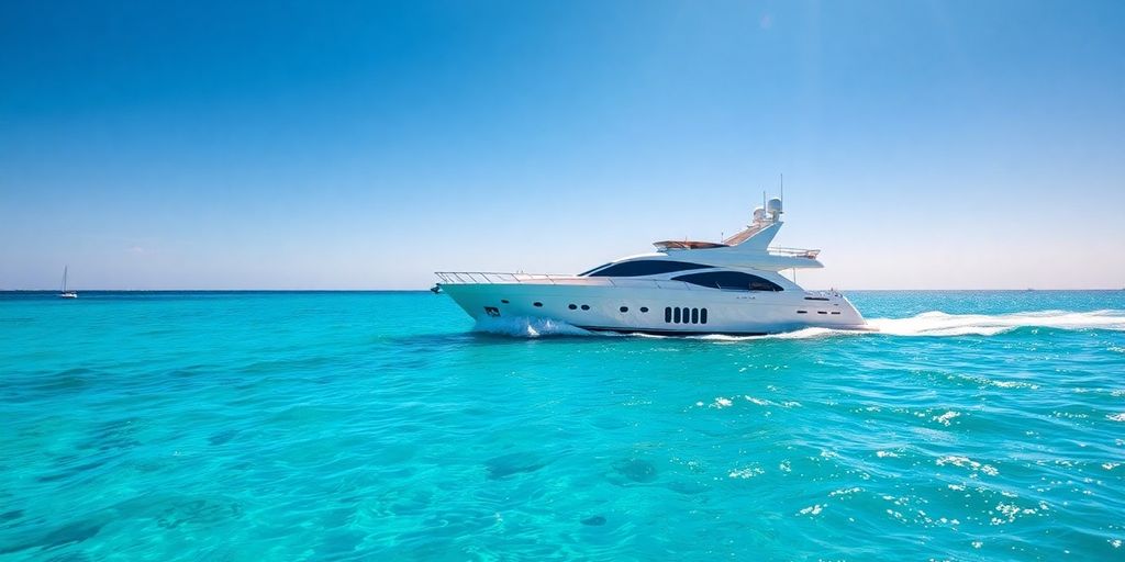 Gleaming white yacht on turquoise ocean, Cabo.
