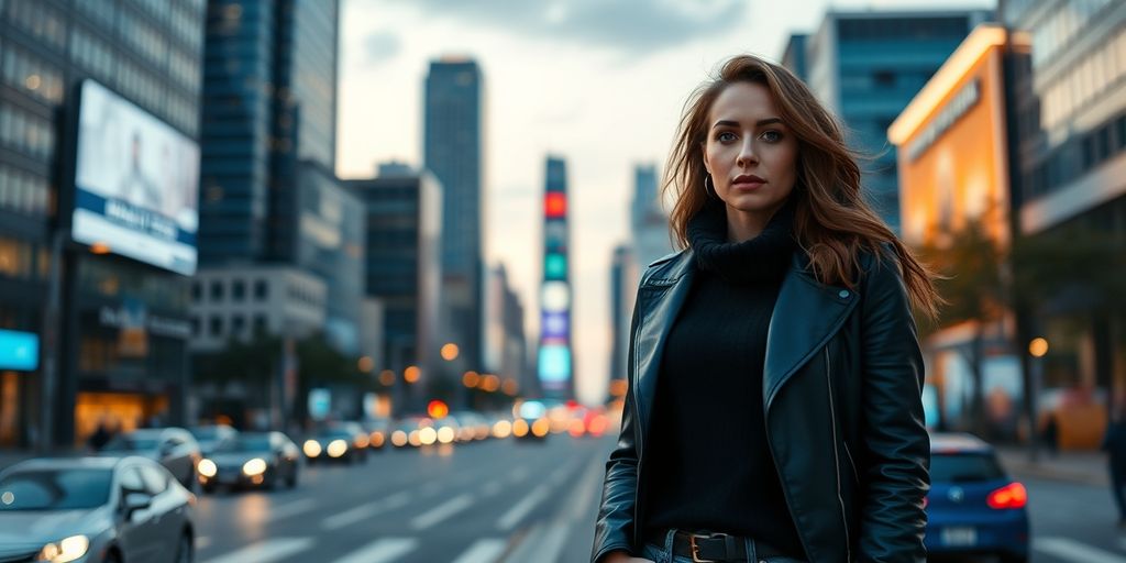 Confident woman in stylish attire on city street at dusk.