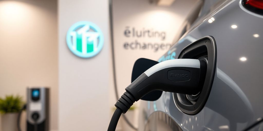 Electric vehicle charging station with a utility company logo.