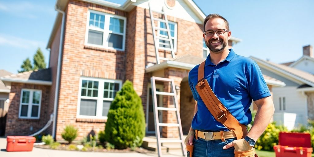 Contractor and homeowner stand outside brick house with ladder, toolbox