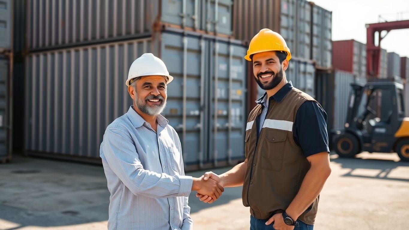 Man shakes hand with container salesman.