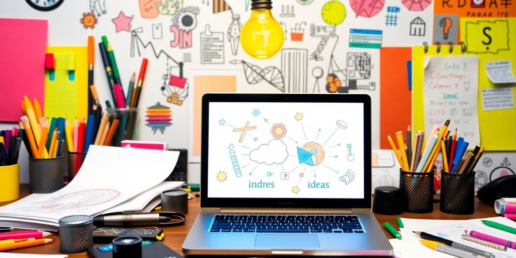 Creative workspace with tools and glowing light bulb.