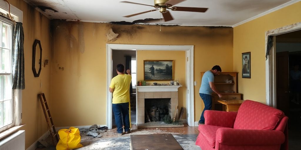 Fire-damaged home with restoration workers in action.