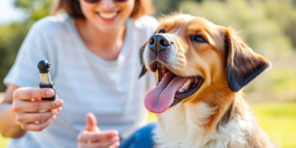 Dog and owner engaged in clicker training outdoors.