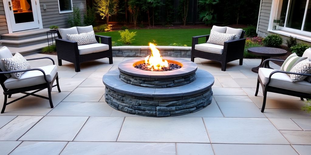 Modern stone patio with fire pit