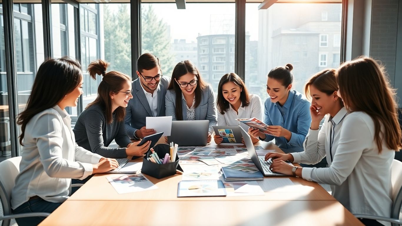 Team collaborating on marketing campaign in modern office