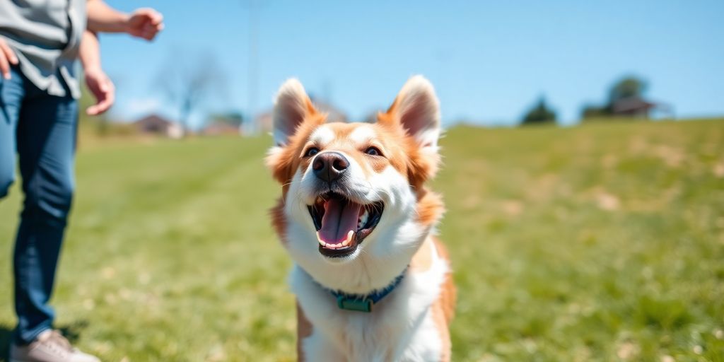 Dog spinning playfully in a sunny park setting.
