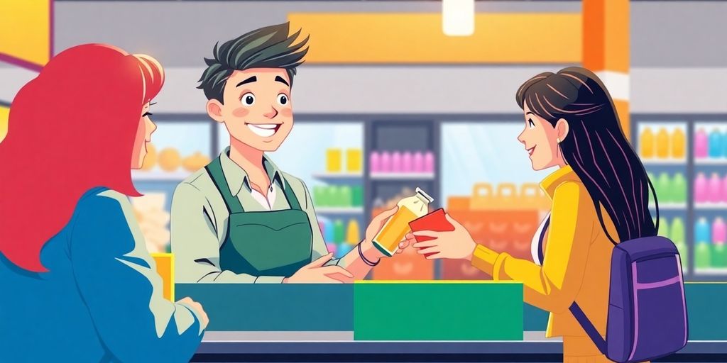 Cashier helping customer with a smile