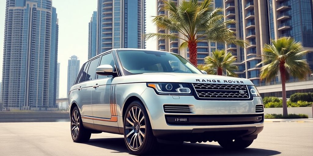 Silver Range Rover parked in front of Dubai skyscrapers.