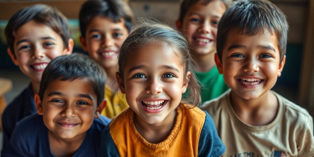 Children smiling, radiating kindness and courage.