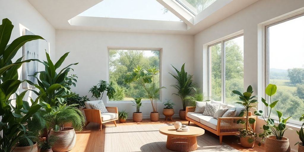 Lush indoor plants and natural light fill a modern living space.