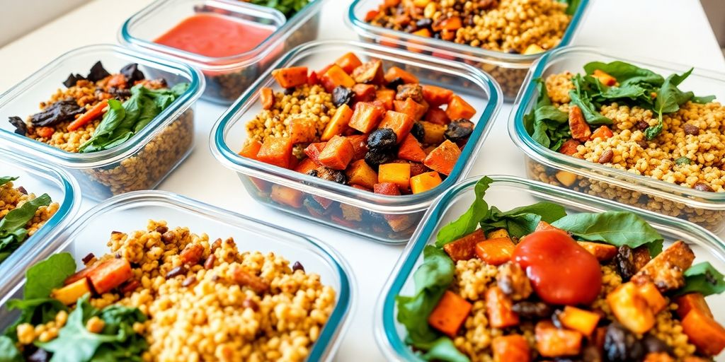 Colorful vegan meal prep containers stacked neatly.