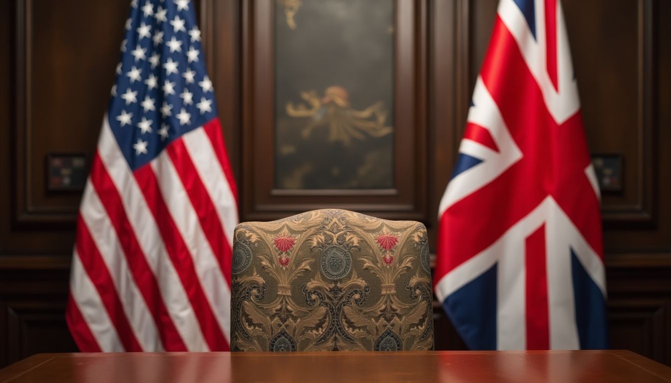 US and UK flags with an empty chair at summit.