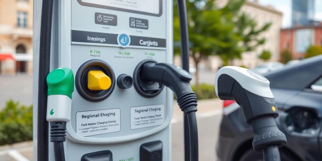 Electric vehicle charging station with various charging plugs.