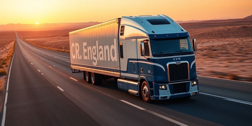 A C.R. England semi-truck driving on a highway at sunset.
