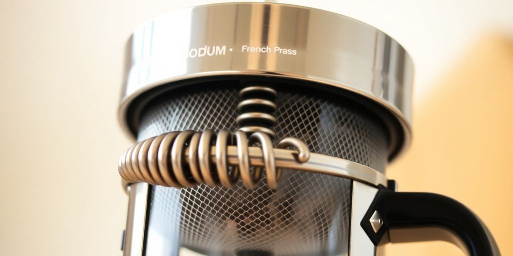 Close-up of a coffee press plunger, shiny metal filter.